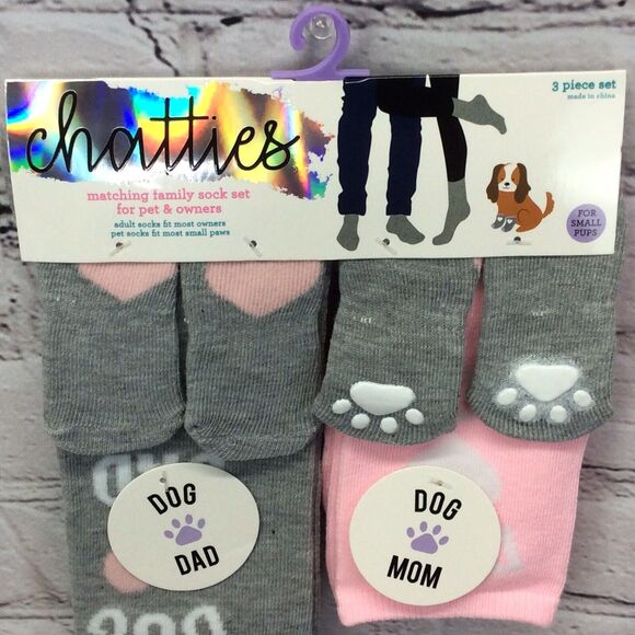 Chatties Matching Sock Set Family Pet & Owner Small Pups Dad Mom Cozy Pink/Gray - Picture 4 of 5